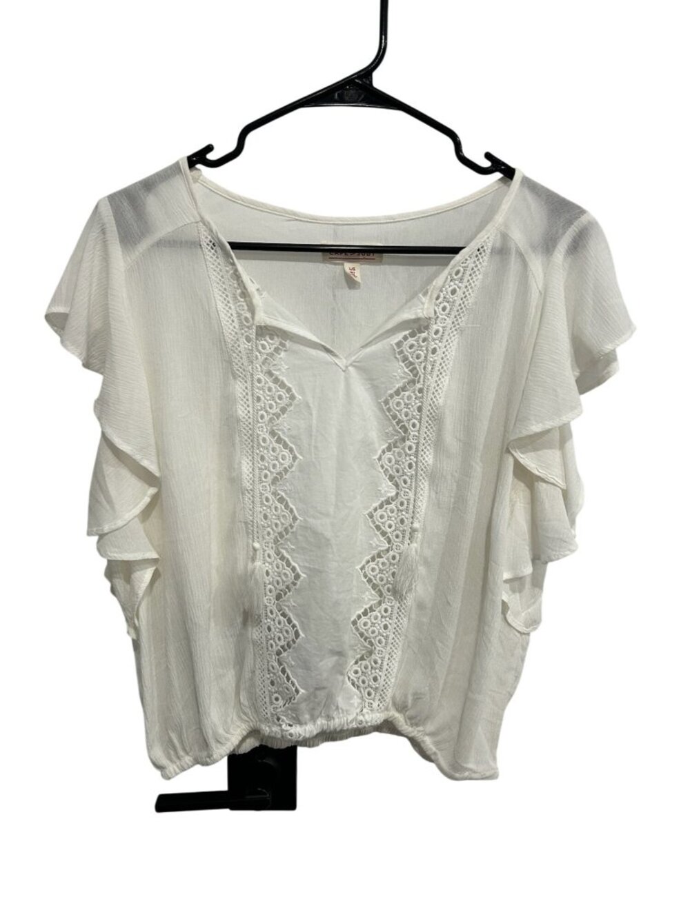 Cape Juby Large White Ruffle Sleeve Crochet Trim Tassel Blouse Boho Soft Girl